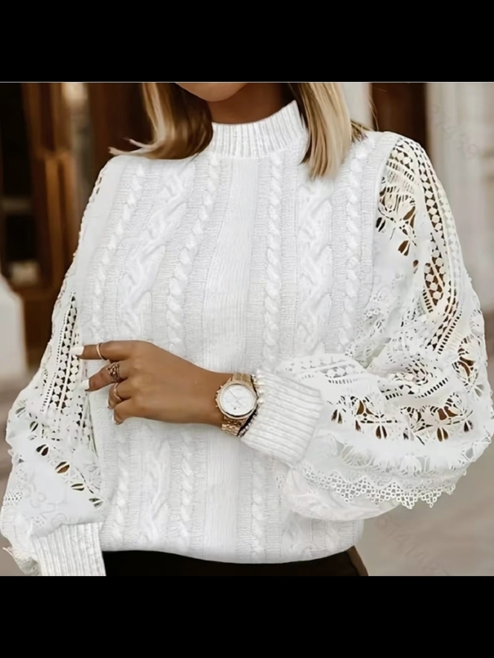 NWOT- SHEIN White Cable Knit & Lace Balloon Sleeve Sweater.